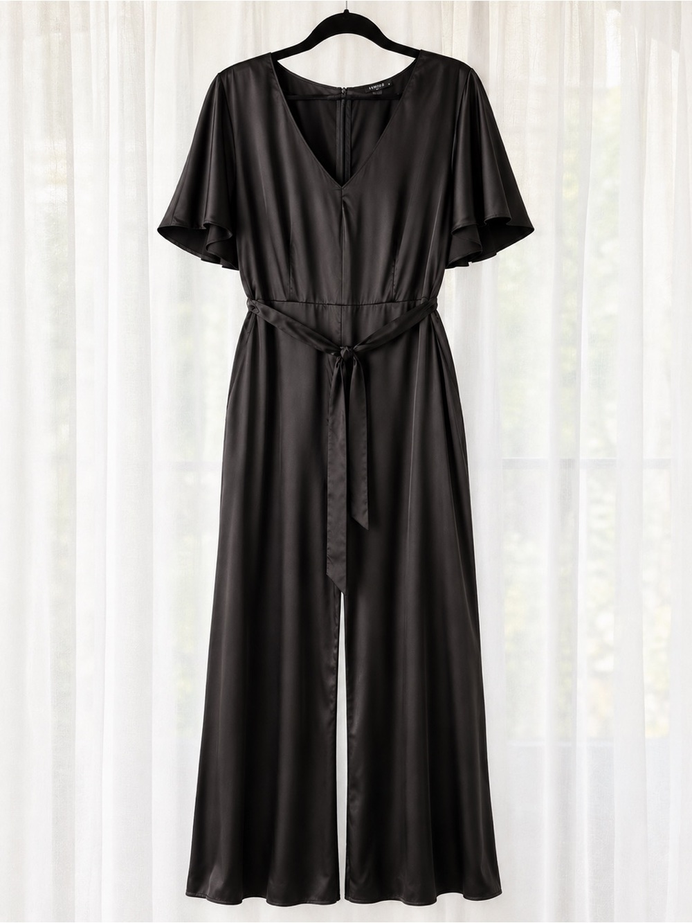 Venus Black Satin Wide Leg Jumpsuit Size 14 Tie Waist Formal Romper NWOT